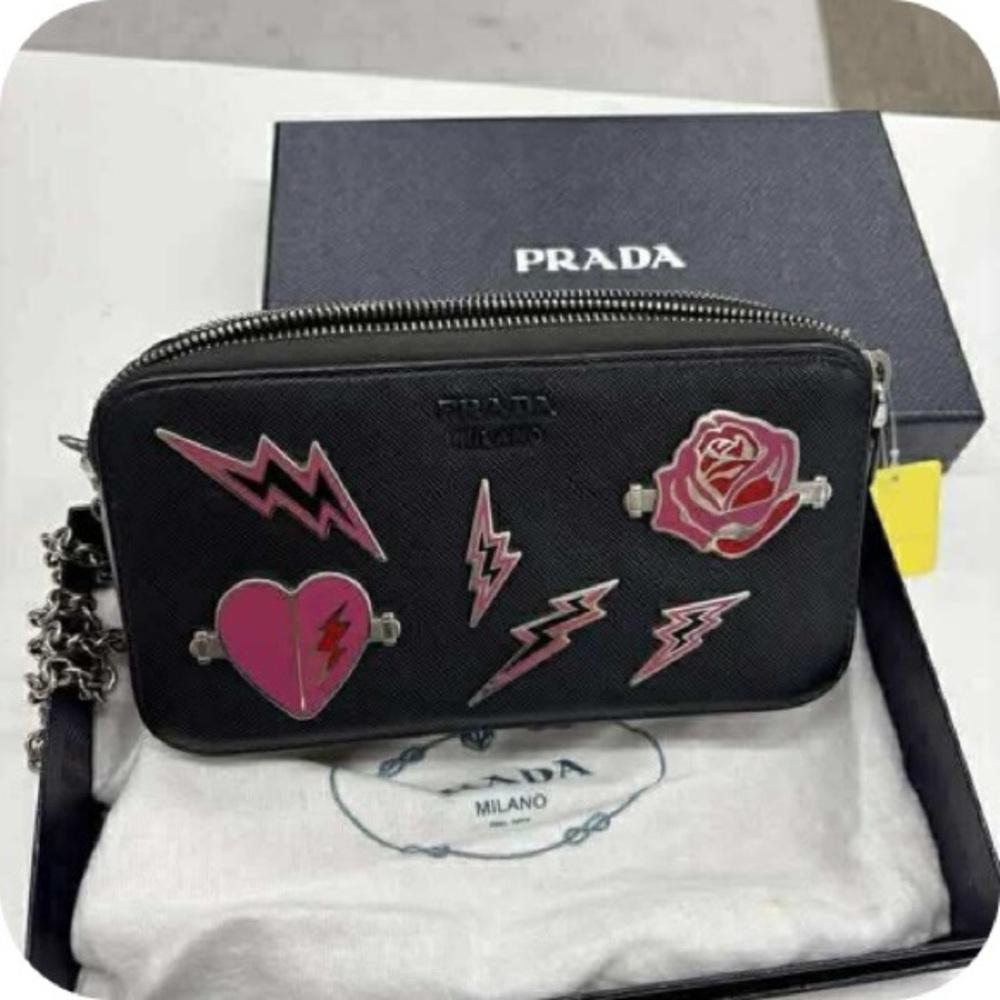 Prada Black Leather Crossbody Bag with Pink Accents